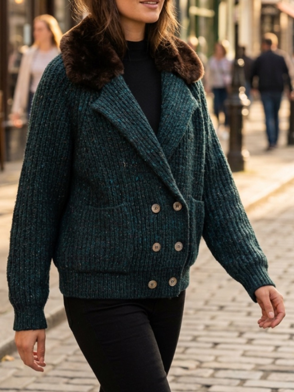 Vtg Liz Claiborne Sz M Mohair Double-Breasted Teal Sweater with Faux Fur Collar